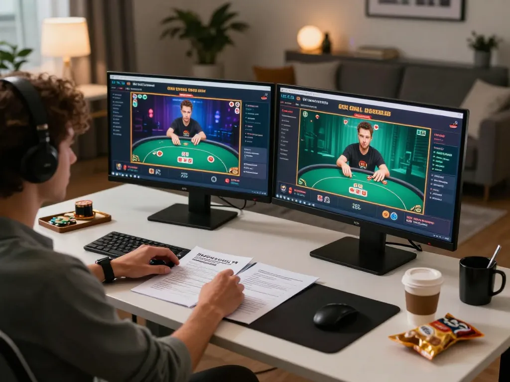 Engaging in online poker gameplay on Sunwin while using strategy notes in a cozy home office.