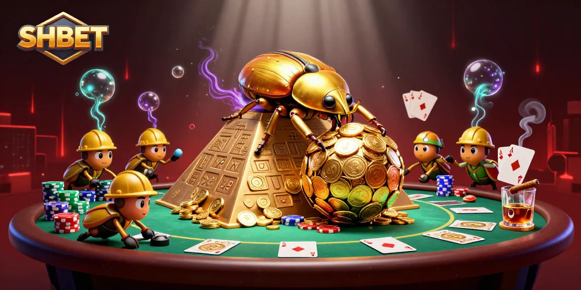 Experience thrilling gameplay with SHBET at a vibrant, cartoonish illustration of a golden dung beetle and casino symbols.