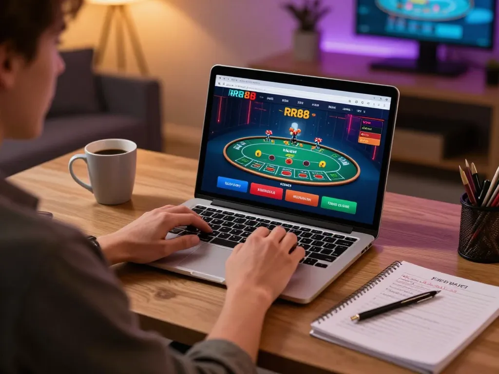 Player enjoying live dealer game at RR88 online casino with strategic notes visible