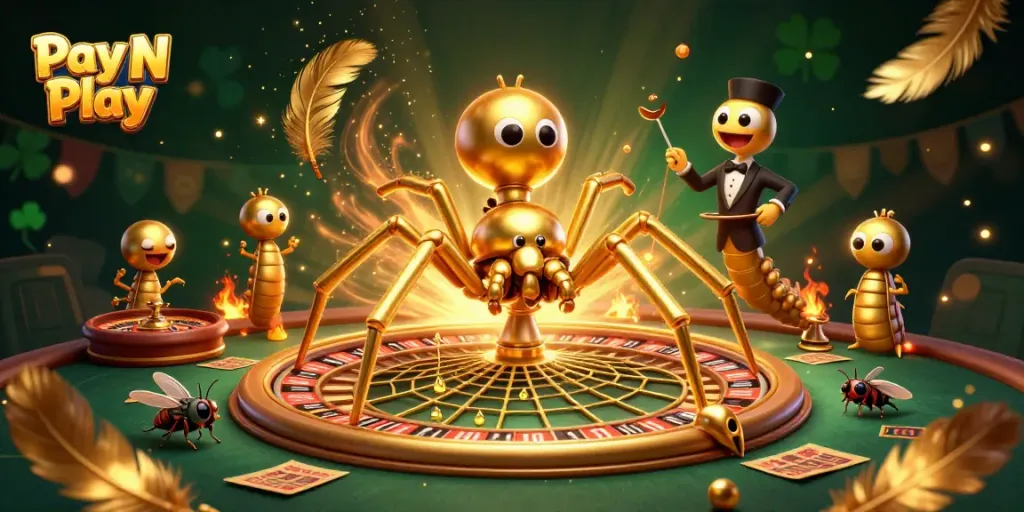 Pay N Play - 3D-kuvitus, jossa kullanvärinen hämähäkki pyörittää rulettipyörää ja veikkuja on jännittyneenä.