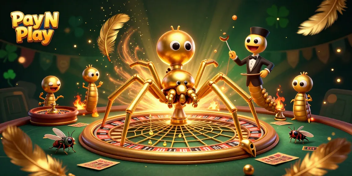 Pay N Play - 3D-kuvitus, jossa kullanvärinen hämähäkki pyörittää rulettipyörää ja veikkuja on jännittyneenä.