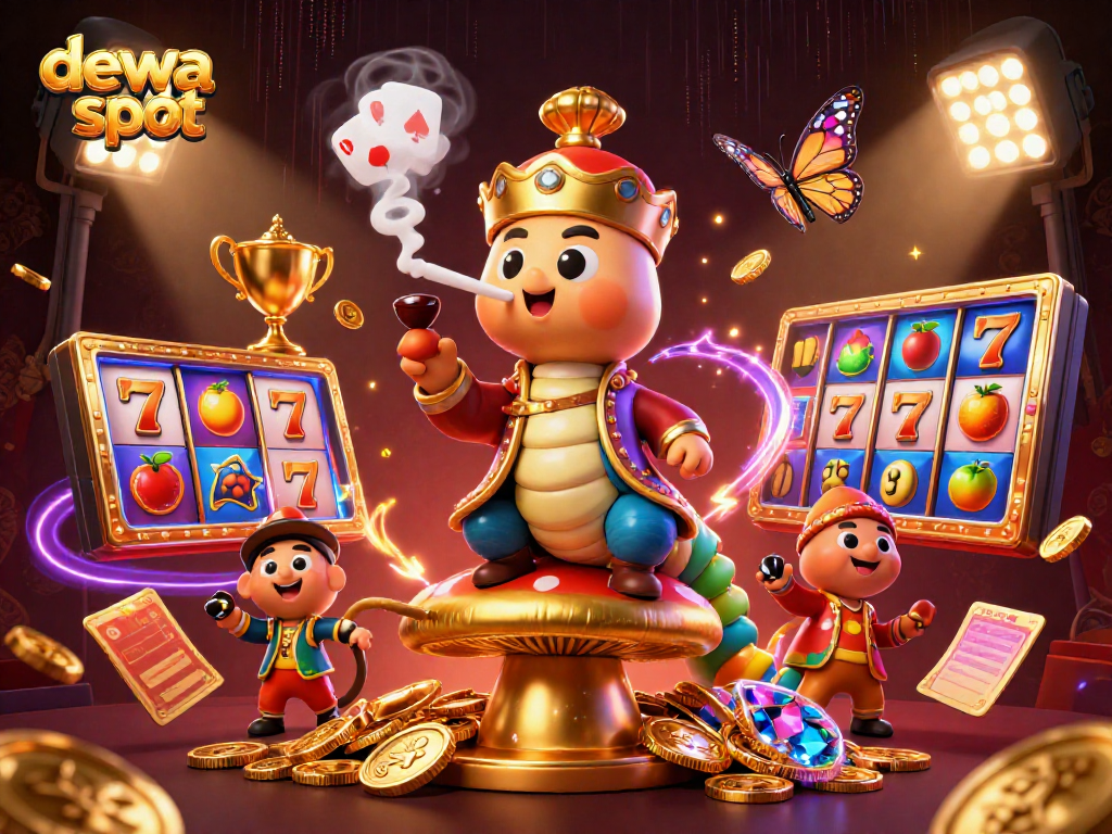 Permainan dewa slot yang seru dengan nuansa slot yang kaya warna dan karakter unik di latar belakang mewah.