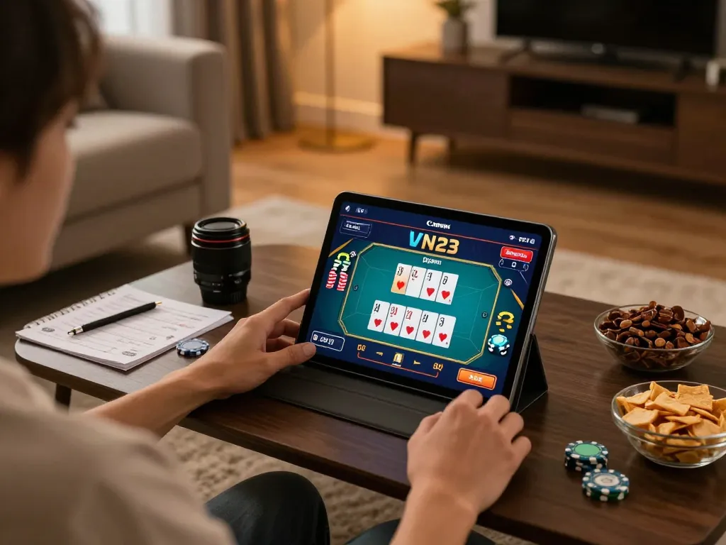 Player engaging with VN23 online gambling platform on tablet amidst comfortable home setting.