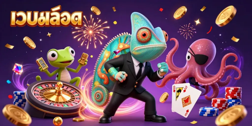 Play and win with เว็บสล็อต, featuring dynamic cartoon characters in an exciting casino scene.