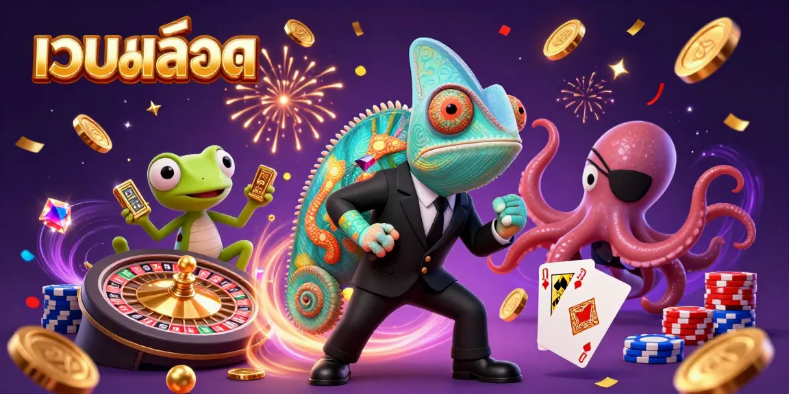 Play and win with เว็บสล็อต, featuring dynamic cartoon characters in an exciting casino scene.