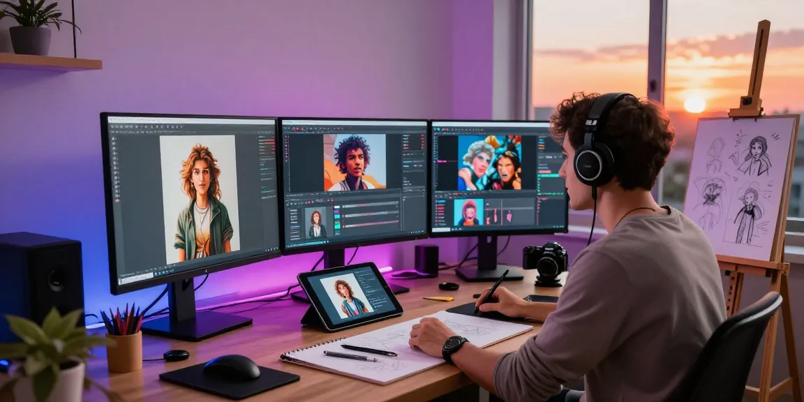 Creating stunning NSFW AI images in a vibrant digital art studio with advanced software.
