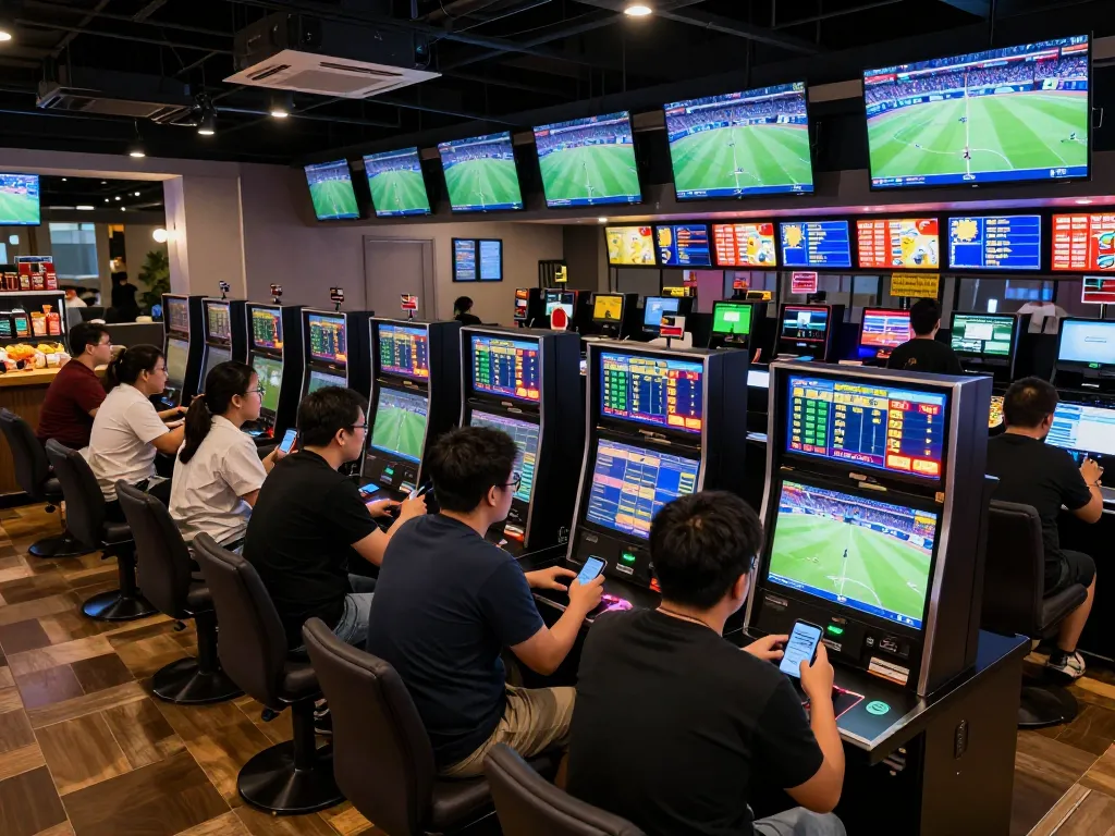 Sports betting excitement with fans engaged in soi kèo bóng đá, analyzing odds on mobile devices.