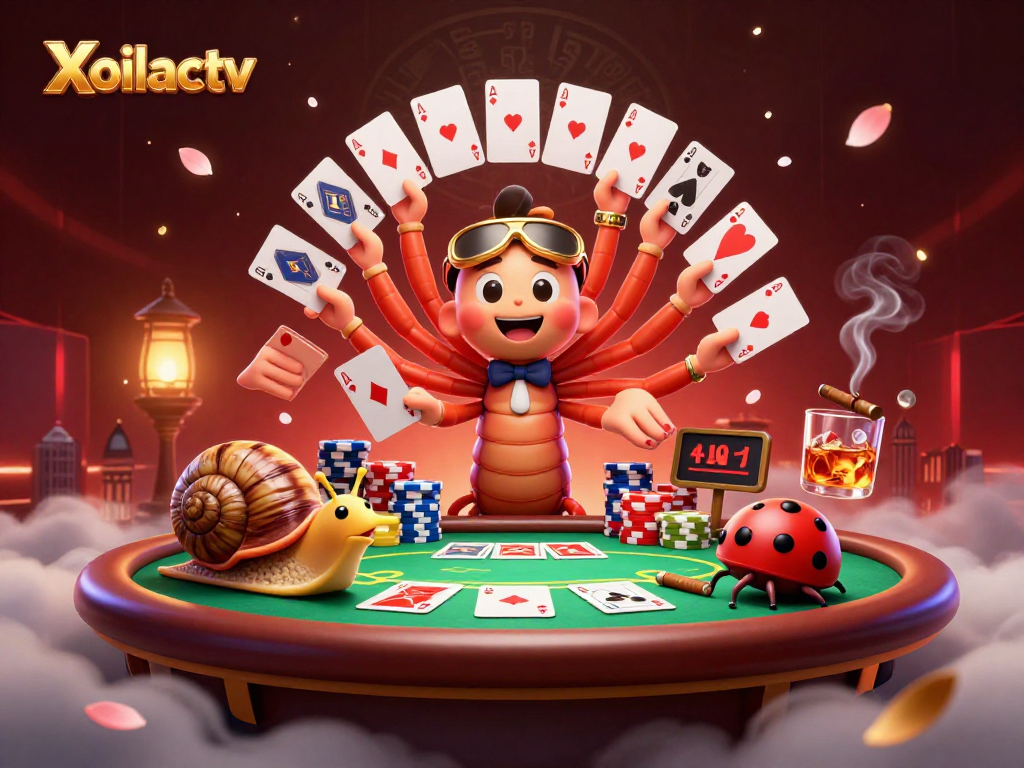 Xoilactv showcases a vibrant casino scene with a millipede dealer, colorful poker chips, and a high-roller snail.