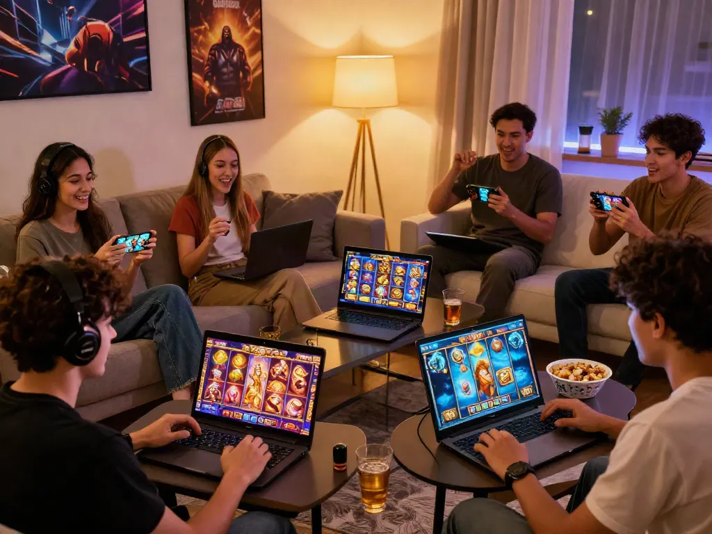 Players enjoying exciting slot games on various devices in a cozy gaming scene.