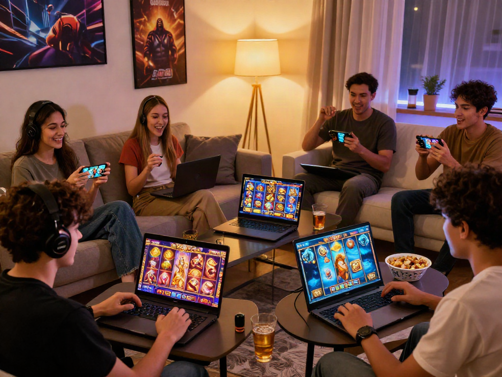 Players enjoying exciting slot games on various devices in a cozy gaming scene.