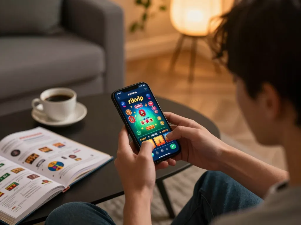Engaging user playing rich gameplay on the rikvip app in a cozy home setting.