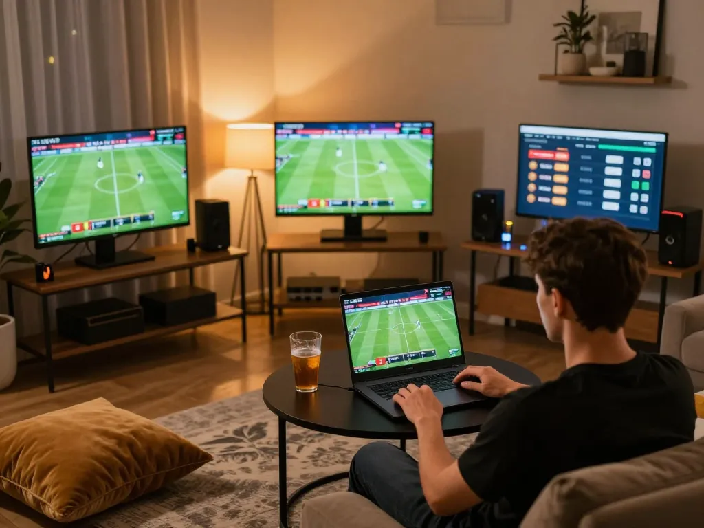 Engaging in online sports betting on laptop, m112 betting strategy illustrated in an inviting home setup.
