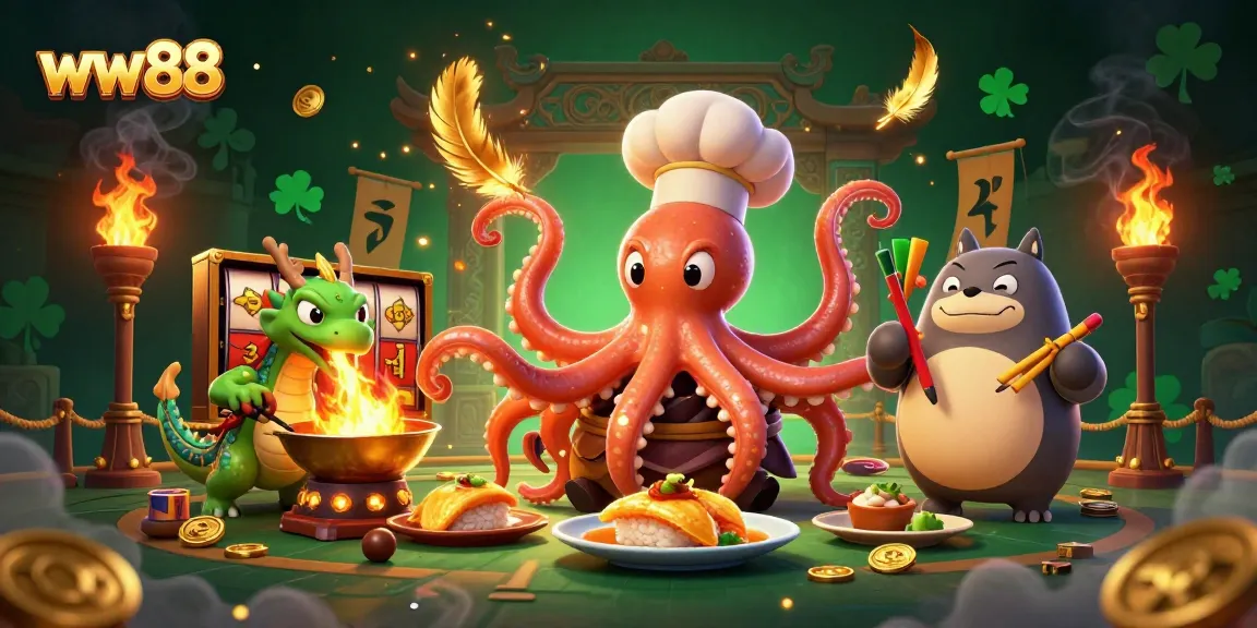 Engage with the exciting ww88 gaming scene featuring a dynamic octopus chef creating golden dishes.