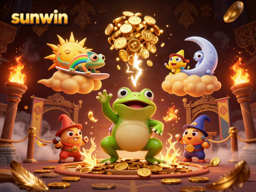Experience the thrill of gaming with sunwin as a lively frog wizard creates a storm of coins.