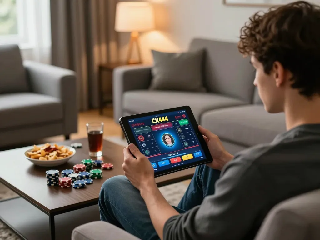 Engaging with the CK444 online casino platform on a tablet, enjoying a cozy home gaming experience.