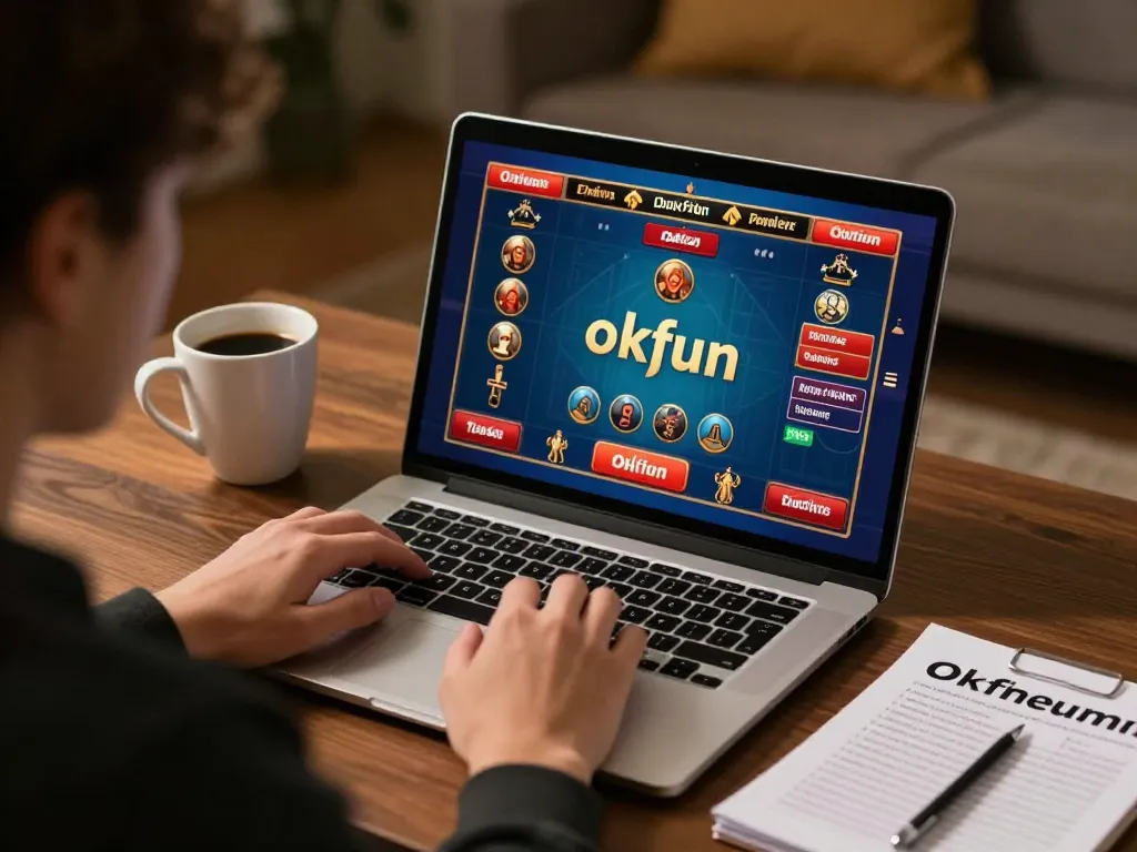 Engaged player enjoying online casino experience with okfun while tracking strategies on a laptop.