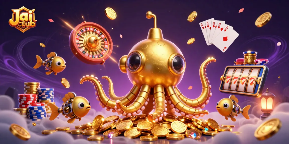 Experience thrill and excitement with Jai club's captivating 3D illustration of a golden kraken submarine amidst a sea of coins.