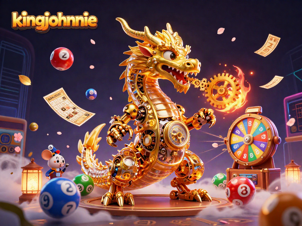 Experience thrilling wins at King Johnnie Casino with an epic 3D scene of a golden dragon and lottery elements.