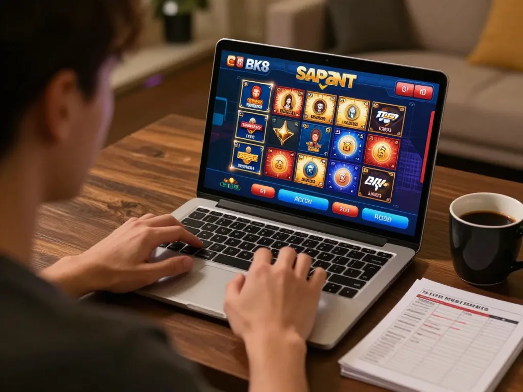 Engaging player using BK8 online gaming platform with laptop and strategy notes, cozy home setup.