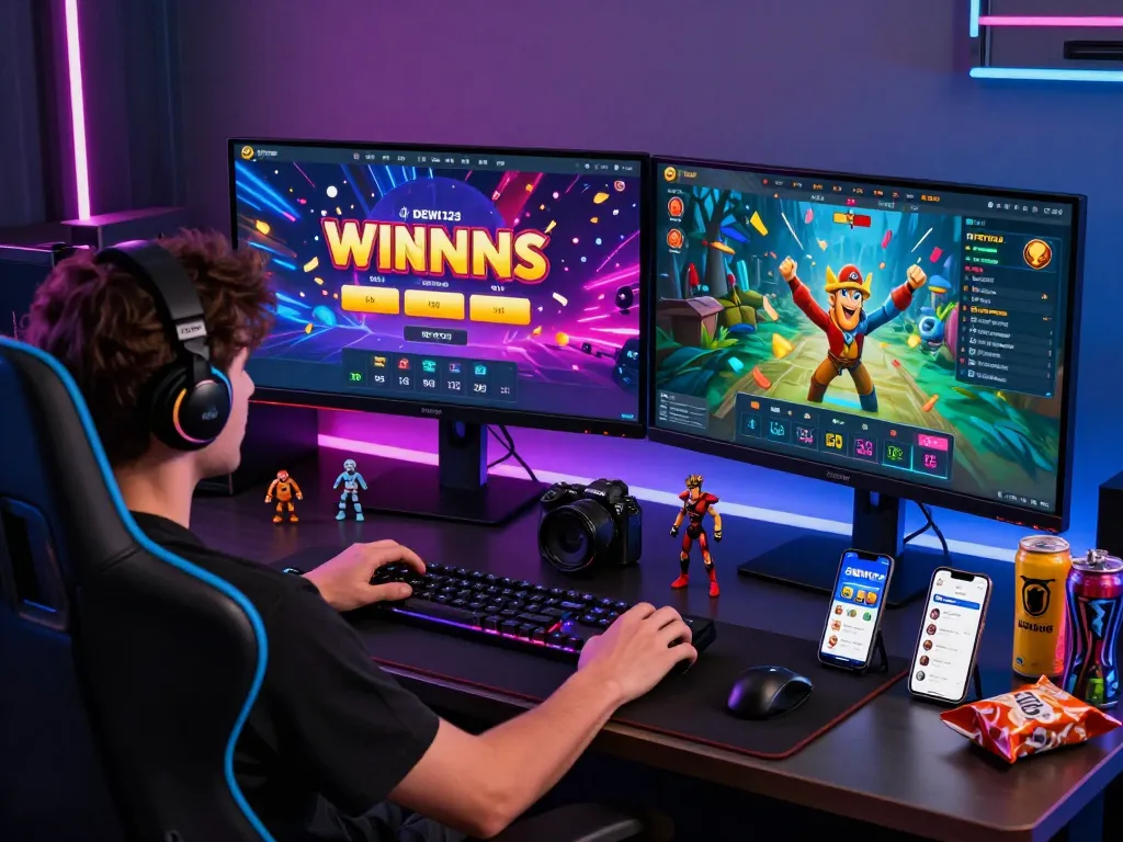 Celebrating a win on DEWI123 platform with high-tech gaming setup showcasing real-time RTP statistics and vibrant game graphics.