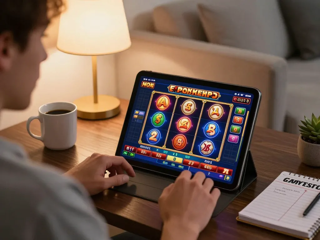 Player enjoying non Gamstop slots on a tablet in a cozy home setting with strategic notes