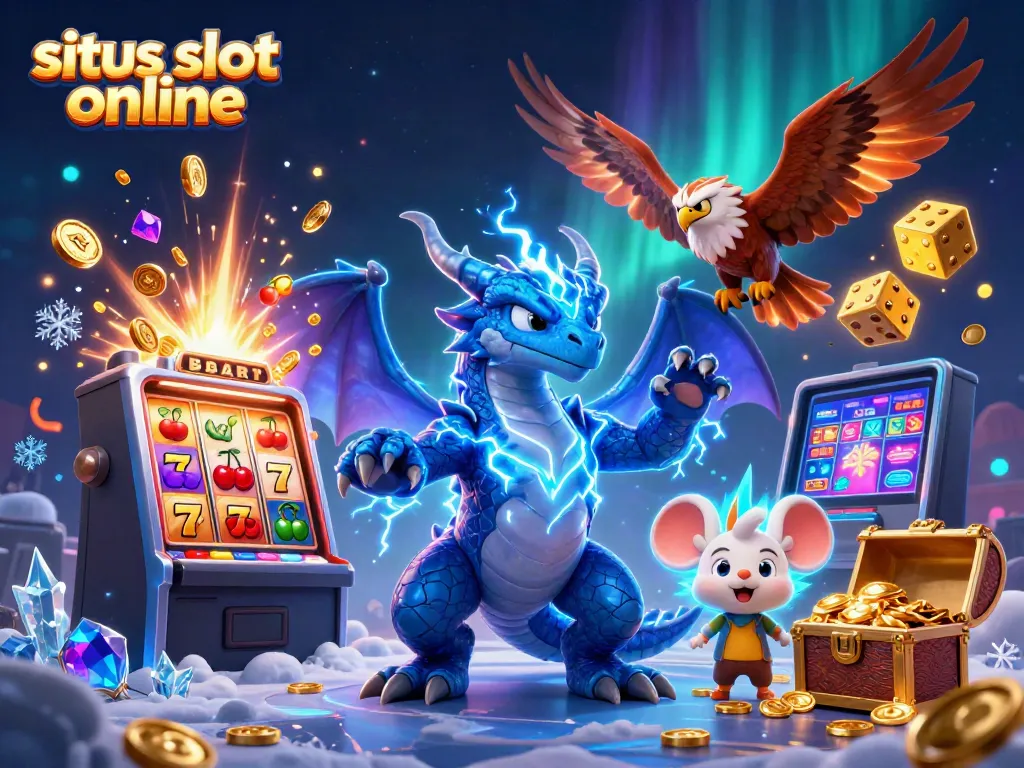 Situs slot online dengan simbol keberuntungan dan karakter keren yang bersemangat.