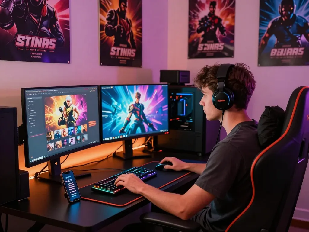 Engaging young adult enjoying porngames on dual monitors in a vibrant gaming room.