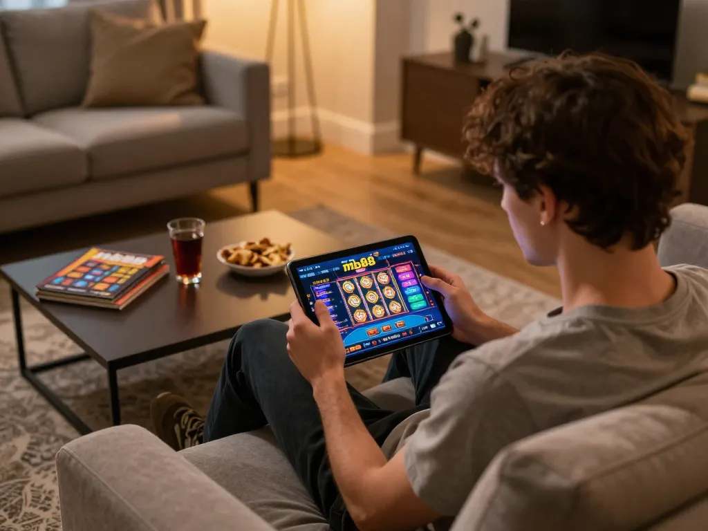 Engaging online casino gaming scene featuring mb88 on a tablet, showcasing vibrant slots and poker.