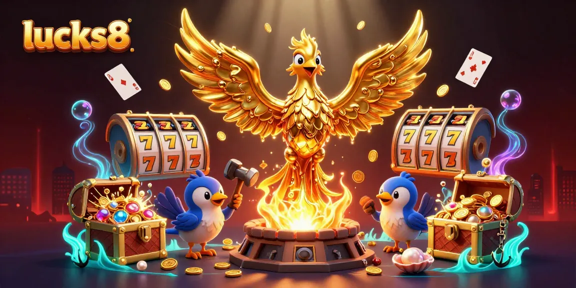 Engage players at lucks8 with a dynamic scene of a golden phoenix and jackpot reels.