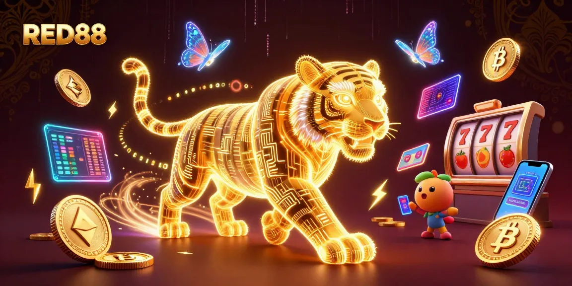 Engage with RED88's vibrant casino scene featuring neon tigers, coins, and slots