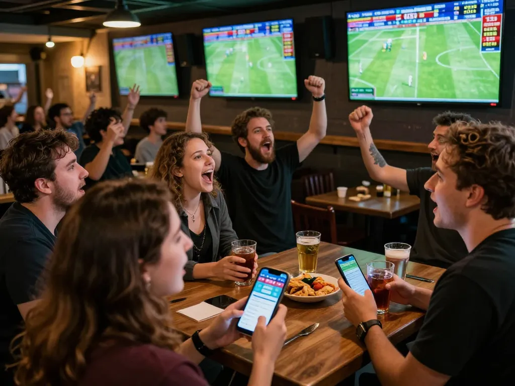 Fans enjoying live sports betting on kèo nha cái 5, analyzing odds on smartphone in vibrant sports bar.