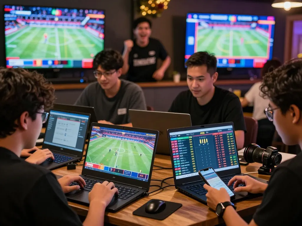 Engaging Judi Bola betting scene with excited players analyzing football match stats and odds