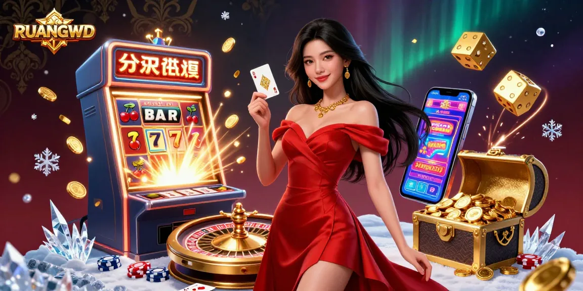 Experience the thrill of RUANGWD with a young Asian woman at a dazzling casino scene, showcasing winning cards and games.