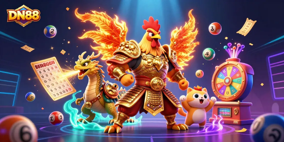 Experience thrilling gameplay with DN88’s cartoon warriors and dynamic casino elements in vibrant detail.
