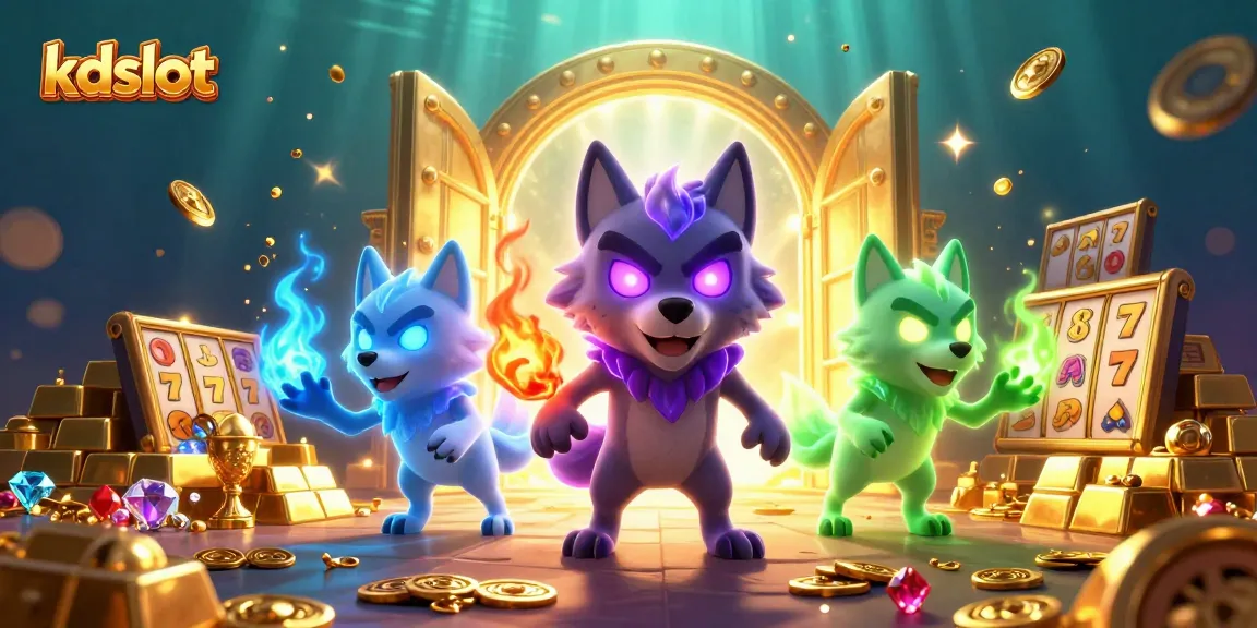 Spin to win at kdslot with vibrant 3D wolves guarding treasures and slot machines