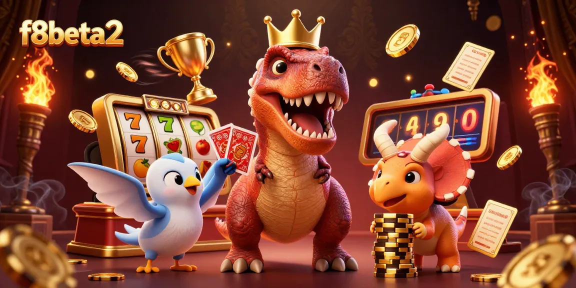 Experience thrilling gameplay on f8beta2 with friendly dinosaurs shuffling cards and stacking chips.