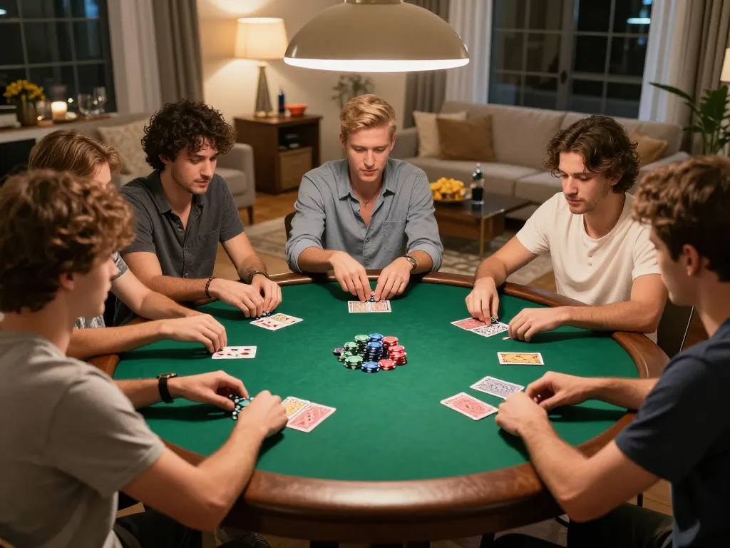 Engaged friends playing a poker game at home, showcasing their excitement while enjoying ดูหนังออนไลน์ activities.