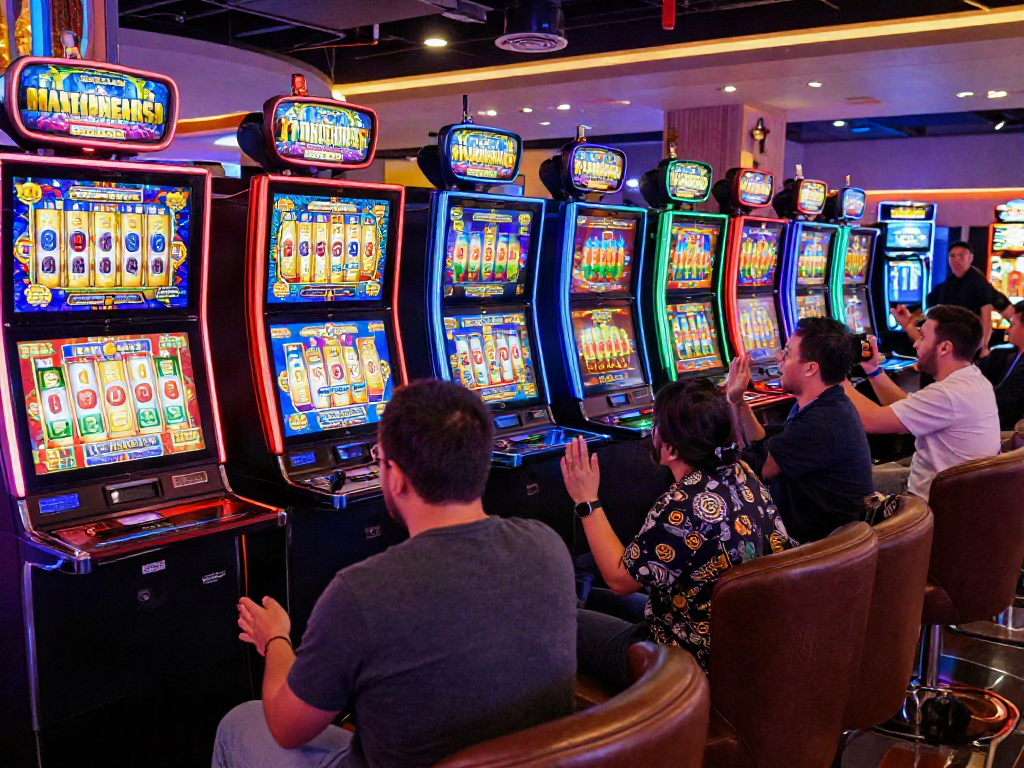 Engaging SLOT GACOR scene with players celebrating a win at colorful slot machines.