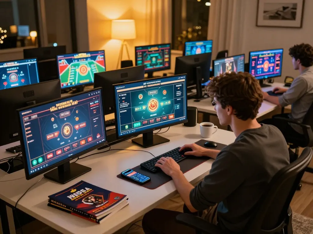 Engaging with situs togel data in a modern home office, displaying live casino action and betting strategies.