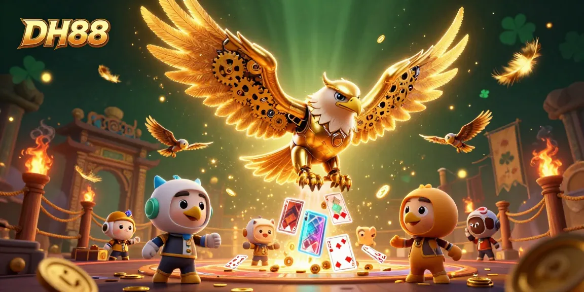 Experience the thrilling dive of DH88's cybernetic eagle amidst a vibrant casino backdrop.