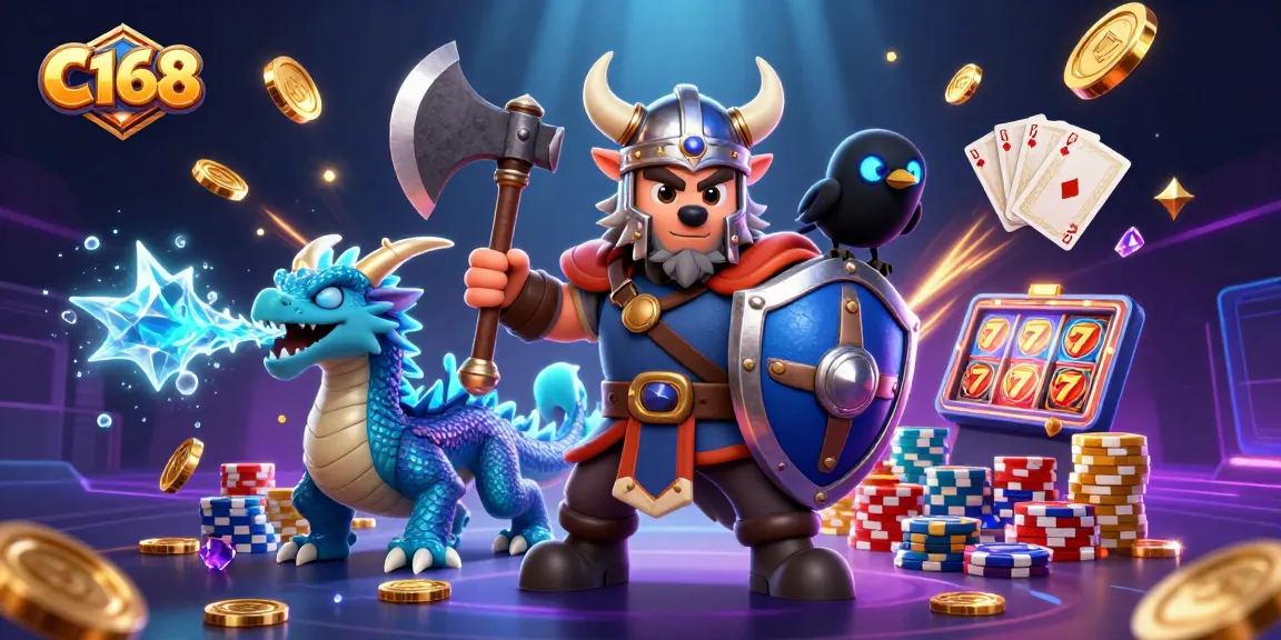 C168 offers an exhilarating gambling experience with our vivid Viking warrior and dragon amidst dazzling casino elements.