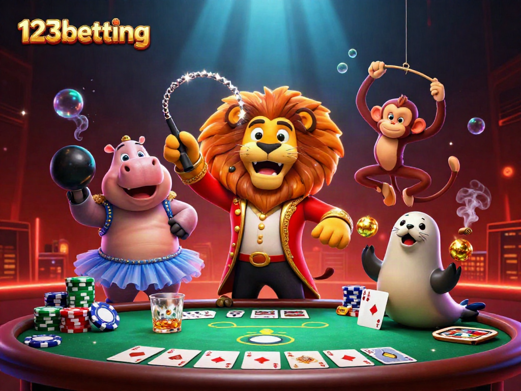 Experience vibrant gameplay with the lively 123betting characters, dynamic poker table, and colorful chips.