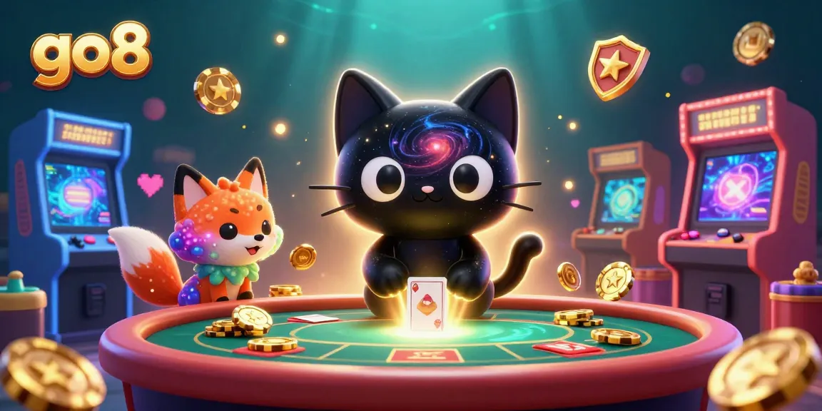 Go8 casino scene featuring a black hole cat drawing in golden chips while surrounded by vibrant arcade elements.