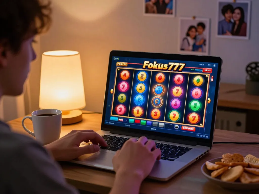 Engaging player enjoying Fokus777 online gaming experience on laptop at home, showcasing thrilling slot action.