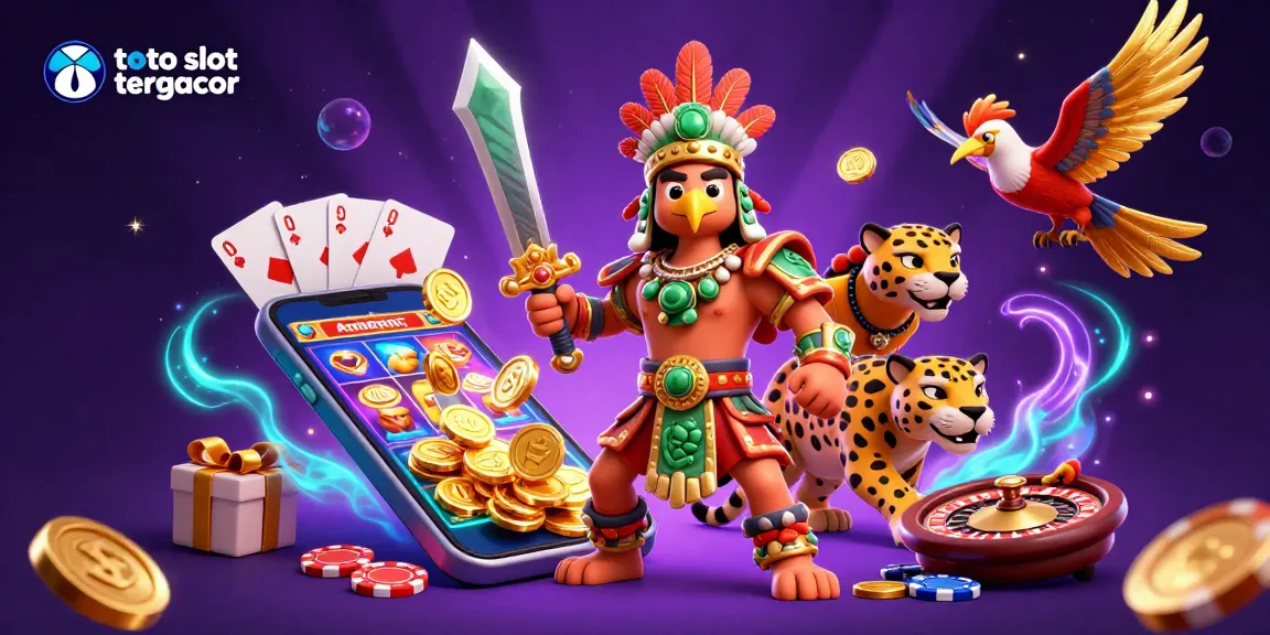 Spin to win with toto slot tergacor in this vibrant 3D illustration of Aztec warriors and casino elements.