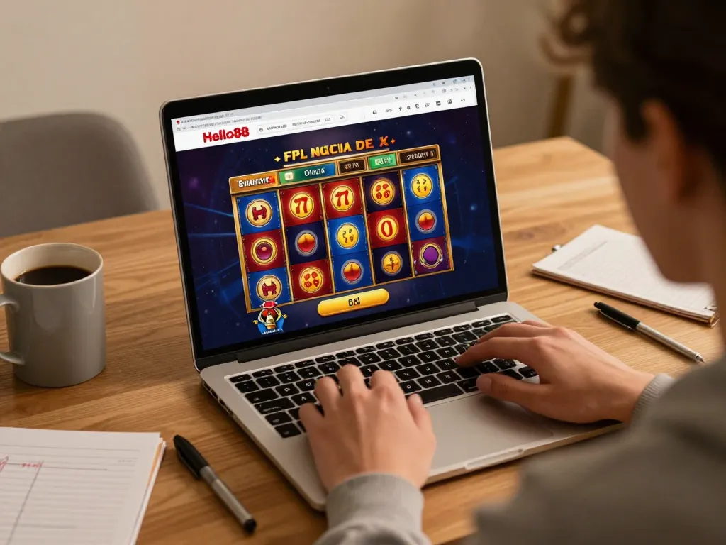 Hello88 gaming session showcasing exciting gameplay on a laptop with slot reels in action.