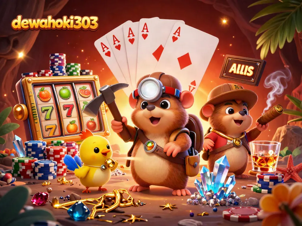 Dewahoki303 menghadirkan slot online yang seru dengan karakter penambang dan simbol jackpot yang gemerlap.