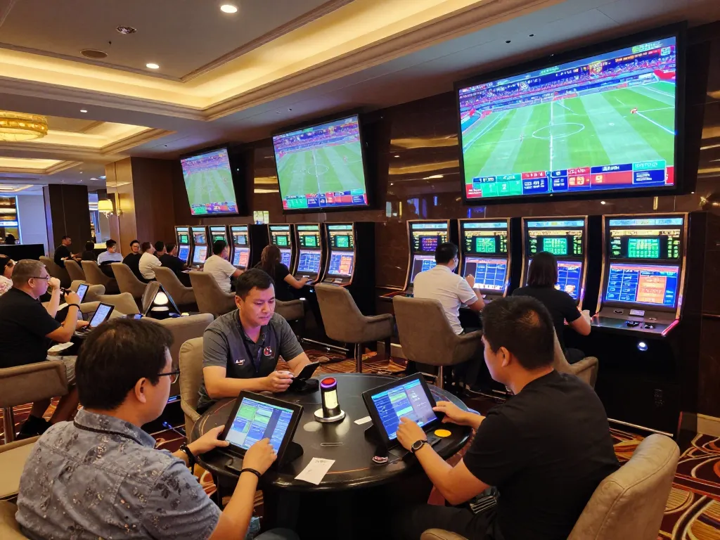 Exciting sports bettors monitoring tỷ lệ kèo trực tuyến in a luxury casino lounge with live screens