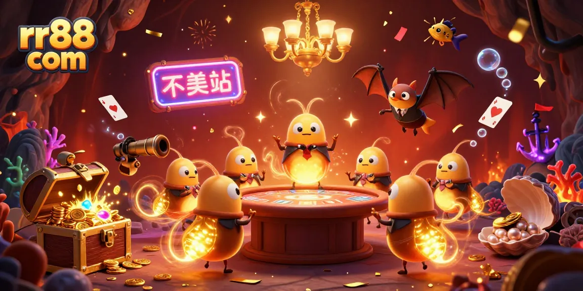 Win big at rr88 com while enjoying a vibrant casino experience with glowing characters and treasures.
