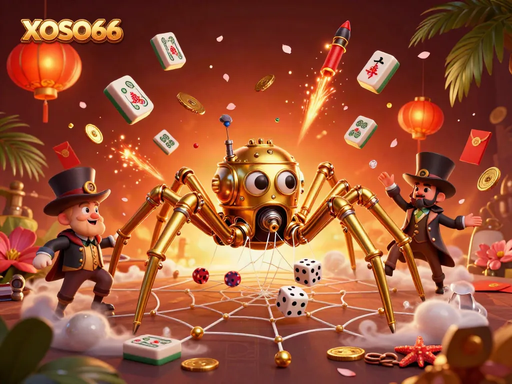 XOSO66 showcases an imaginative steampunk scene of a golden spider capturing unlucky dice, highlighting casino excitement.